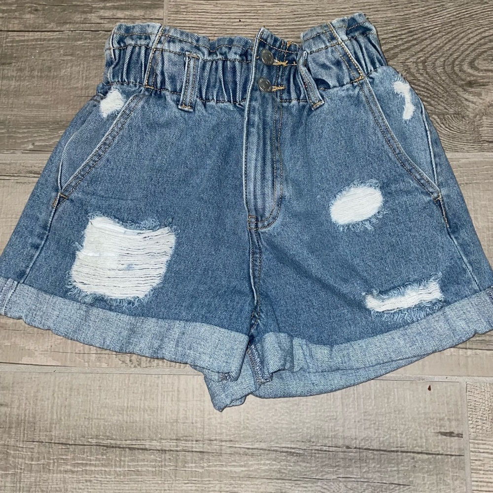 Denim paper bag shorts
